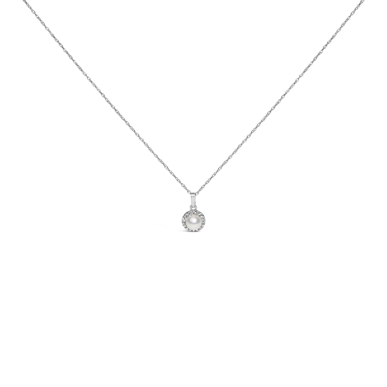 10K White Gold 5MM Cultured Pearl and Diamond Accent Halo Pendant Necklace