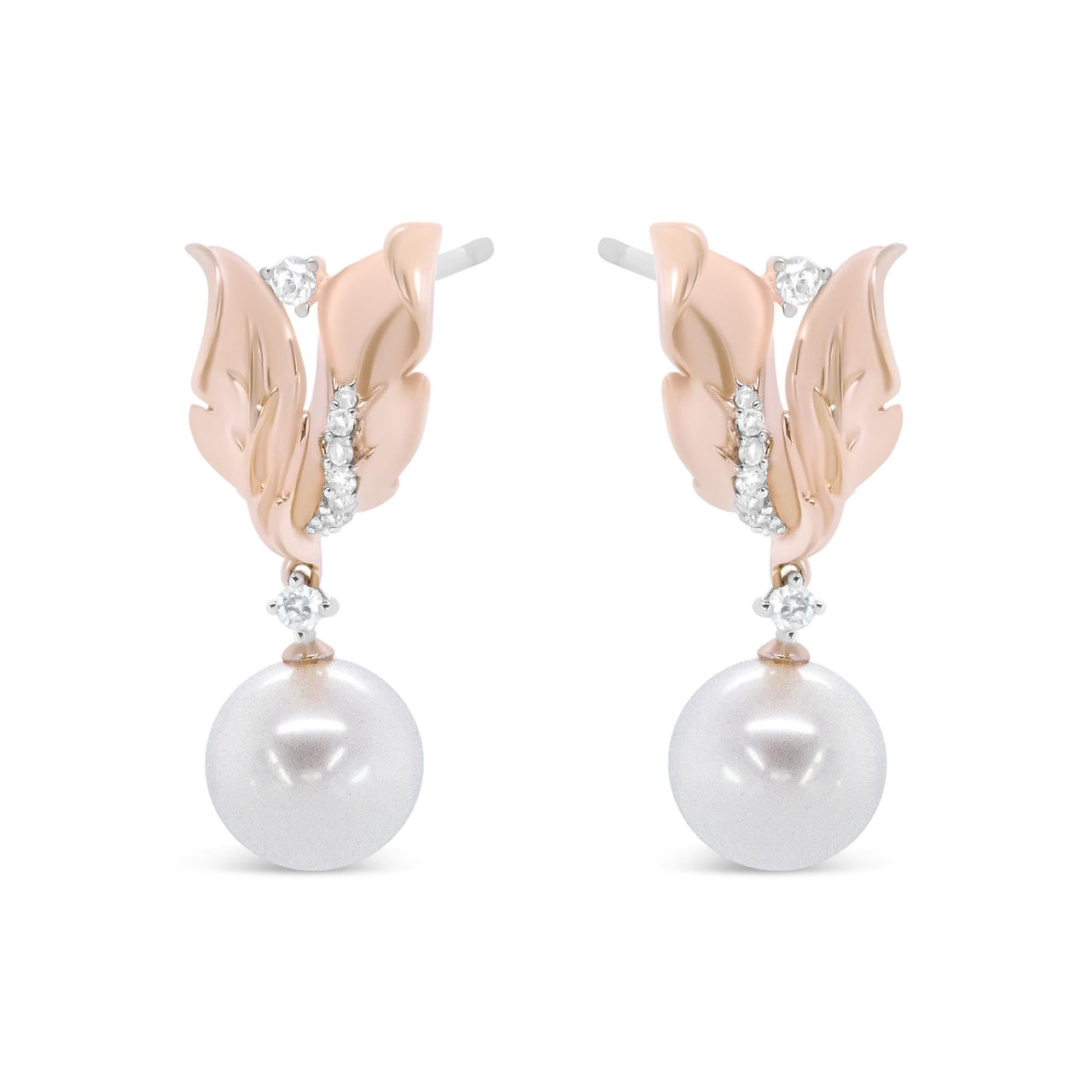 14K Rose Gold 1/6 Cttw Round Diamond and 8mm Round Pearl Floral Drop Stud Earrings (H-I Color, I1-I2 Clarity)