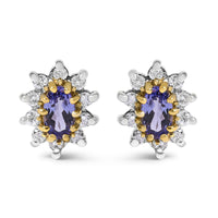 14K Yellow Gold 1/4 Cttw Diamond and Blue Purple Tanzanite Sunburst Halo Stud Earrings (K-L Color, I1-I2 Clarity)