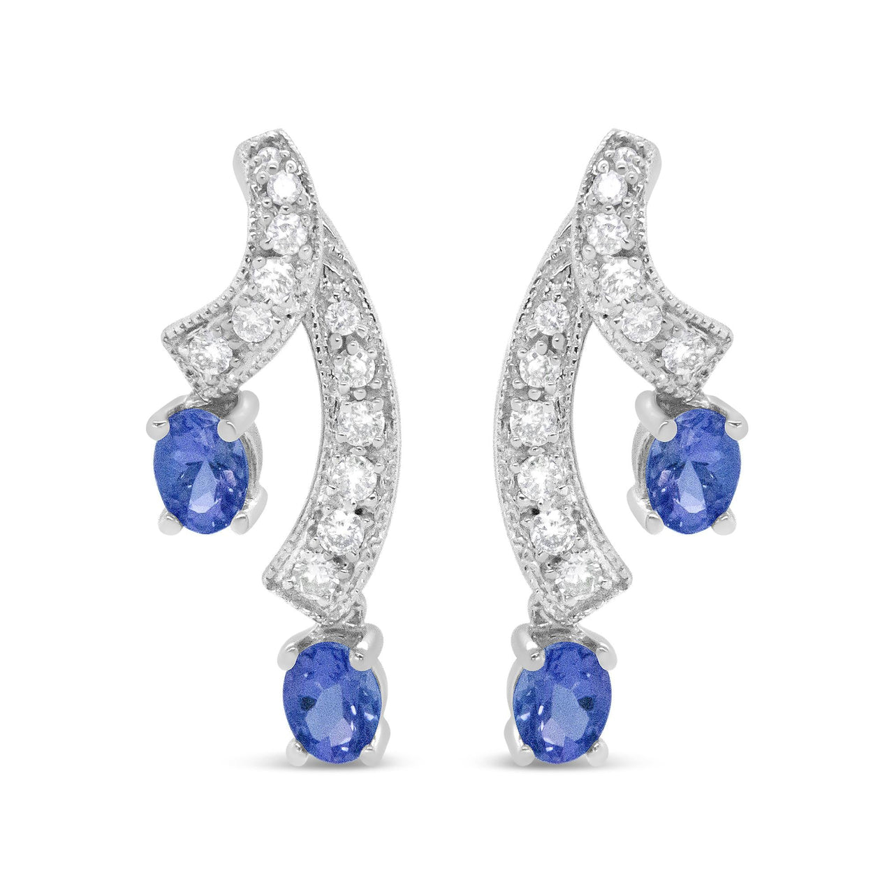 14K White Gold 4x3MM Oval Shaped Natural Blue Tanzanite Gemstone and 1/5 Cttw Diamond Double 3/4" Inch Drop Stud Earrings (H-I Color, VS1-VS2 Clarity)