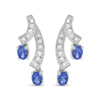 14K White Gold 4x3MM Oval Shaped Natural Blue Tanzanite Gemstone and 1/5 Cttw Diamond Double 3/4