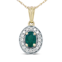 14K Yellow Gold 6x4mm Emerald and 1/5 Cttw Round Diamond Halo Pendant 18