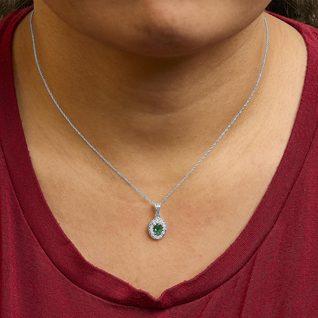 14K White Gold Oval 6x4 MM Green Emerald and Diamond Halo Pendant Necklace - 18 inch