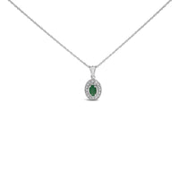 14K White Gold Oval Green Emerald and Diamond Halo Pendant Necklace - 18