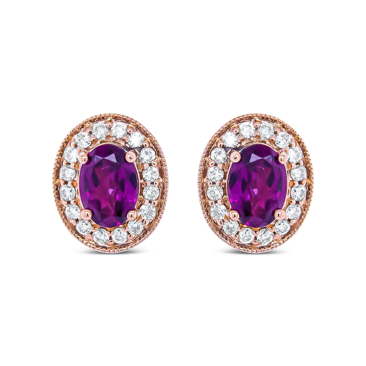 14K Rose Gold 7x5mm Oval Cut Garnet and 3/8 Cttw Round Diamond Halo Stud Earrings (G-H Color, SI1-SI2 Clarity)