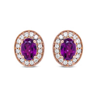 14K Rose Gold 7x5mm Oval Cut Garnet and 3/8 Cttw Round Diamond Halo Stud Earrings (G-H Color, SI1-SI2 Clarity)