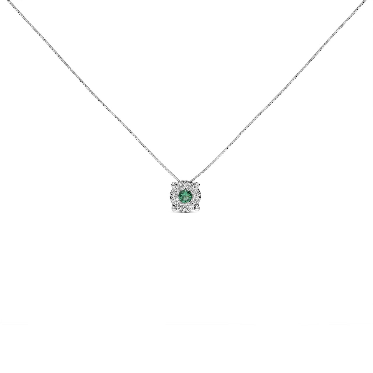 14K White Gold 3.8 MM Green Emerald and 1/3 Cttw Diamond Composite Halo 18" Pendant Necklace (F-G Color, VS2-SI1 Clarity)