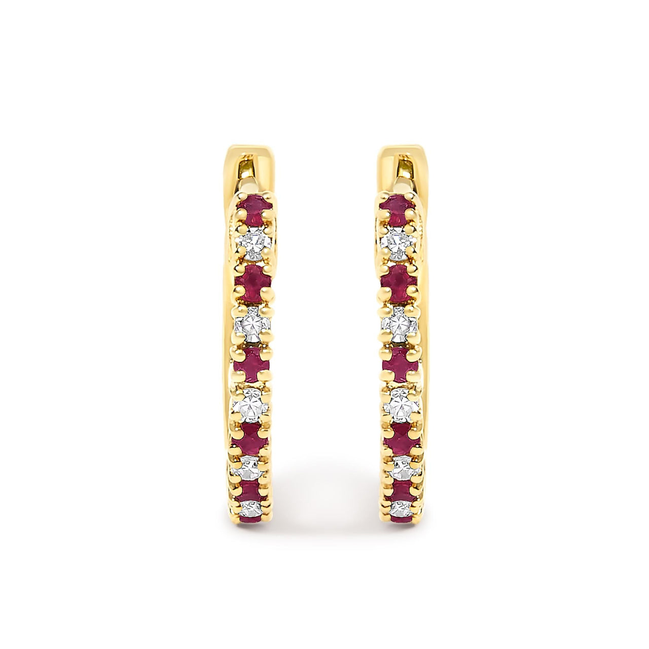 10K Gold Alternating Diamond and Red Ruby Huggy Hoop Earrings