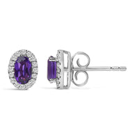 10K White Gold 5x3 MM Oval Cut Birthstone and Diamond Halo Stud Earrings (I-J Color, I1-I2 Clarity)