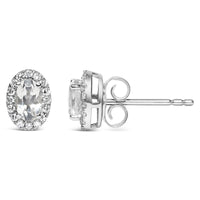10K White Gold 5x3 MM Oval Cut Birthstone and Diamond Halo Stud Earrings (I-J Color, I1-I2 Clarity)