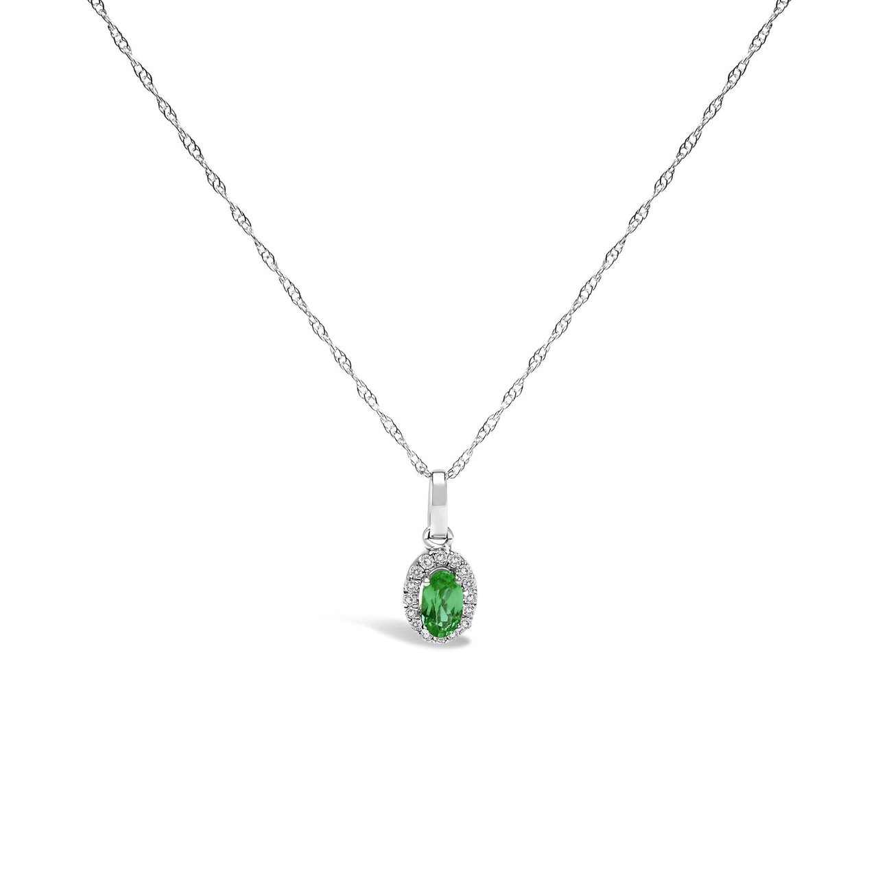 10K White Gold 5x3mm Gemstone and Diamond Accent Halo Oval Shape 18" Pendant Necklace (I-J Color, I1-I2 Clarity)