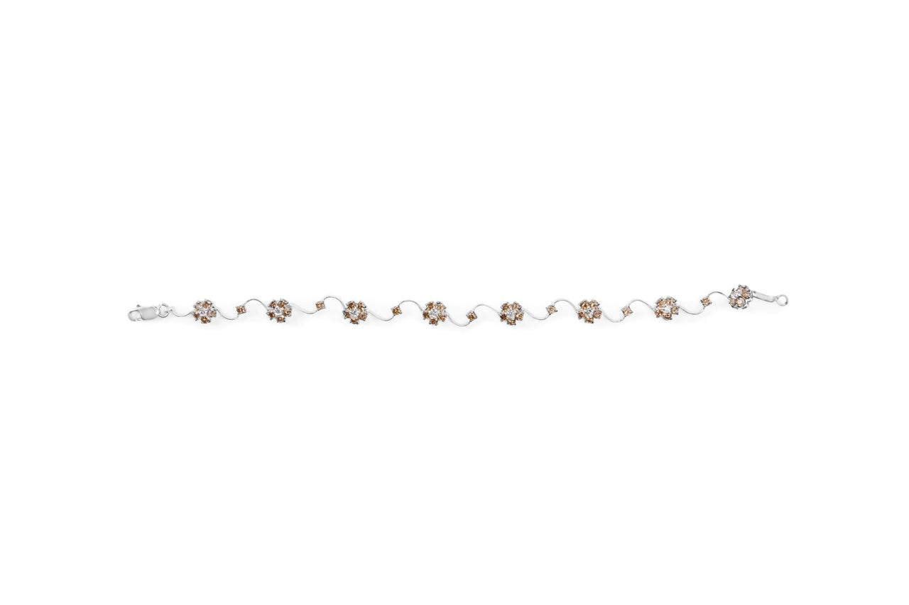 10K White Gold 4.0 Cttw Champagne and White Diamond Floral Cluster and Station Link Bracelet (H-I Color, SI2-I1 Clarity) - 7" Inches