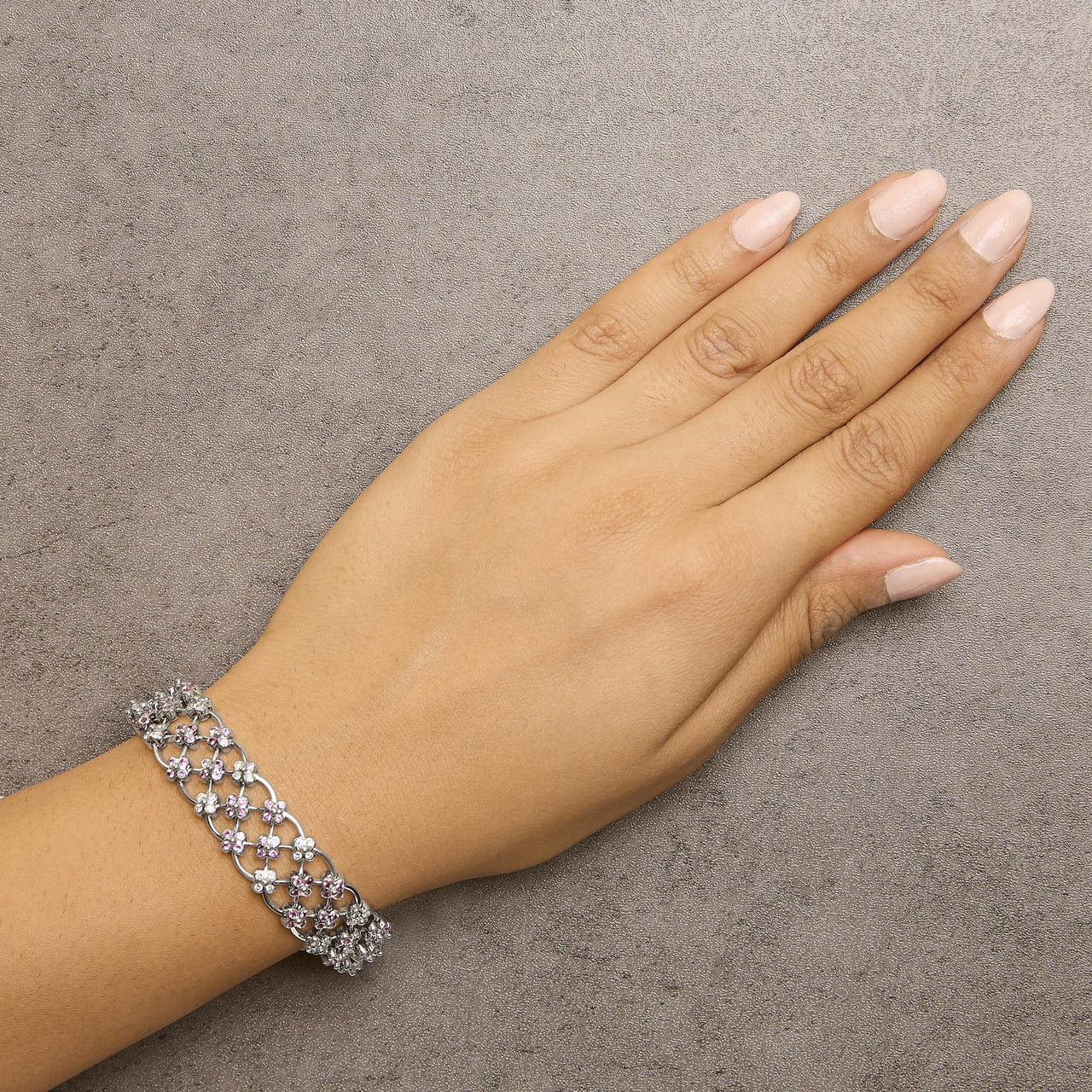 14K White Gold Pink Sapphire and Diamond Floral Lattice Link Bracelet - 7.25" Inches