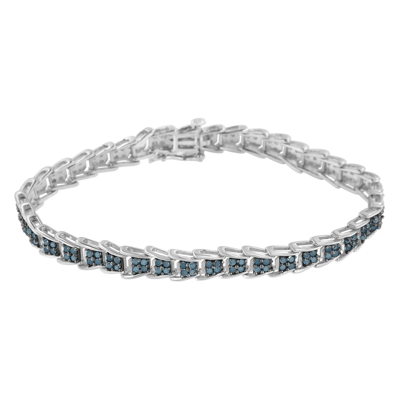 .925 Sterling Silver 2 cttw Treated Blue Diamond Fan-Shaped Nested Link 7" Tennis Bracelet (Blue Color, I3 Clarity) - Size 7"