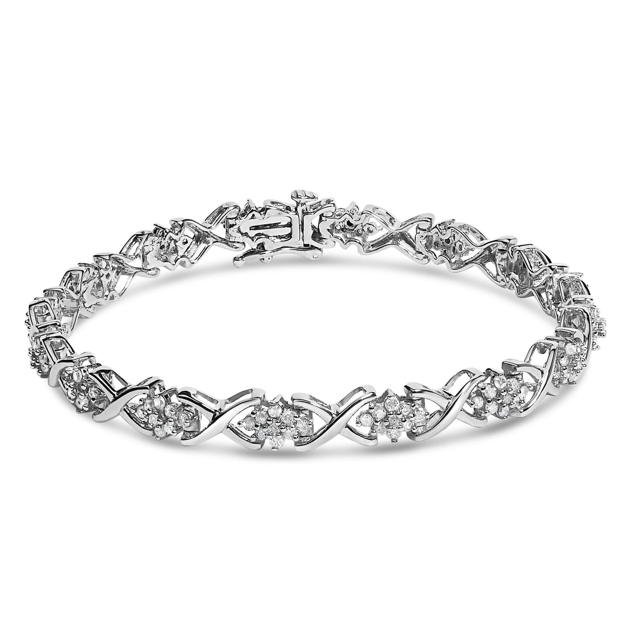 .925 Sterling Silver 1-1/2 Cttw Diamond Cluster X Link 7" Tennis Bracelet (I-J color, I3 clarity)