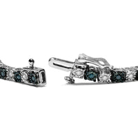 .925 Sterling Silver 1.0 Cttw with Alternating Round White Diamond and Round Treated Blue Diamond Tennis Bracelet (Blue and I-J Color, I3 Clarity) - Size 7