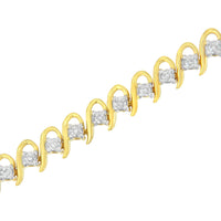 10K Yellow Gold Plated .925 Sterling Silver 1.0 cttw Diamond Alternating Wave and Round Link Tennis Bracelet (I-J Color, I2-I3 Clarity) - 7.25