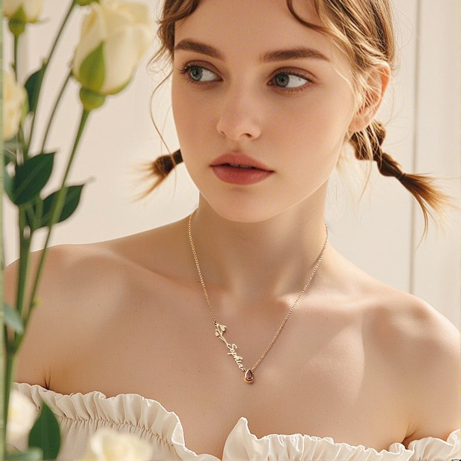 Personalized Birth Flower Birthstone Necklace with Name Necklace Jewelry Gift for Her