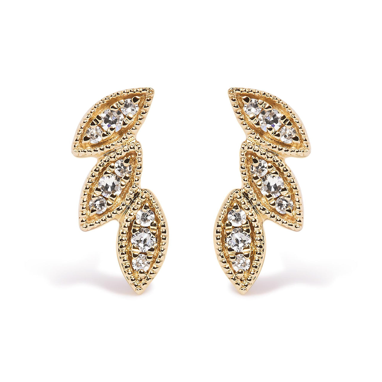 10K Yellow Gold 1/10 Cttw Diamond Triple Leaf Stud Earring (H-I Color, I1-I2 Clarity)