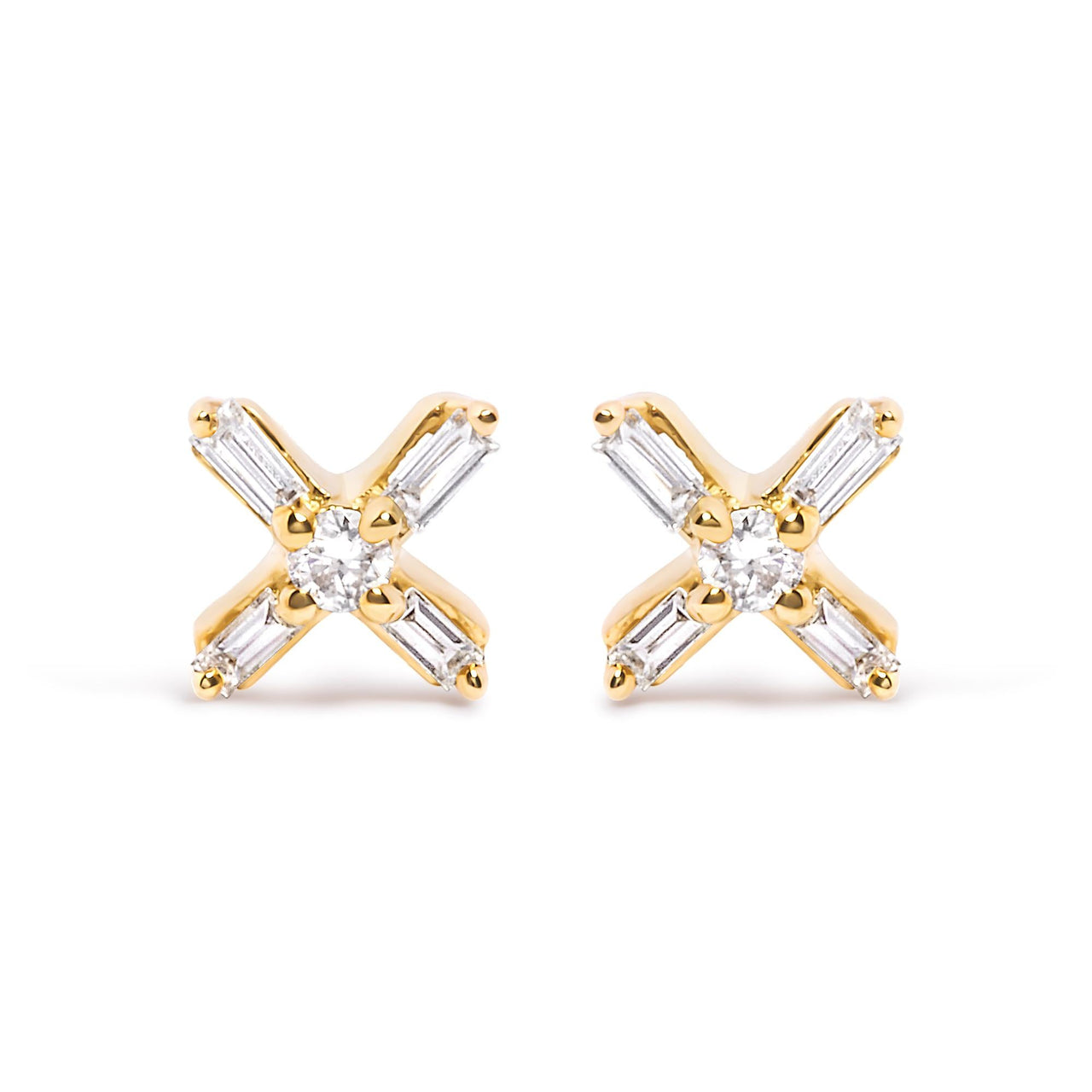 10K Yellow Gold 1/10 Cttw Round and Baguette Diamond Criss Cross X Stud Earring (H-I Color, I1-I2 Clarity)