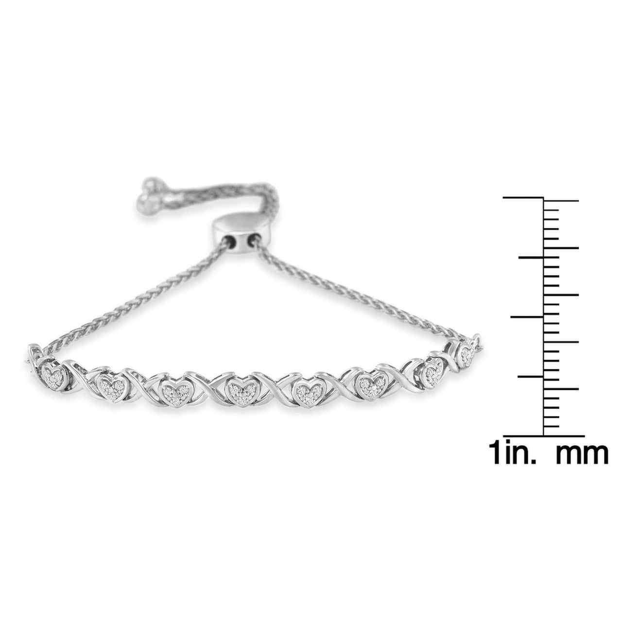 .925 Sterling Silver 1/10 Cttw Diamond Heart and X-Link 6”-9” Adjustable Bolo Bracelet (H-I Color, I2-I3 Clarity)