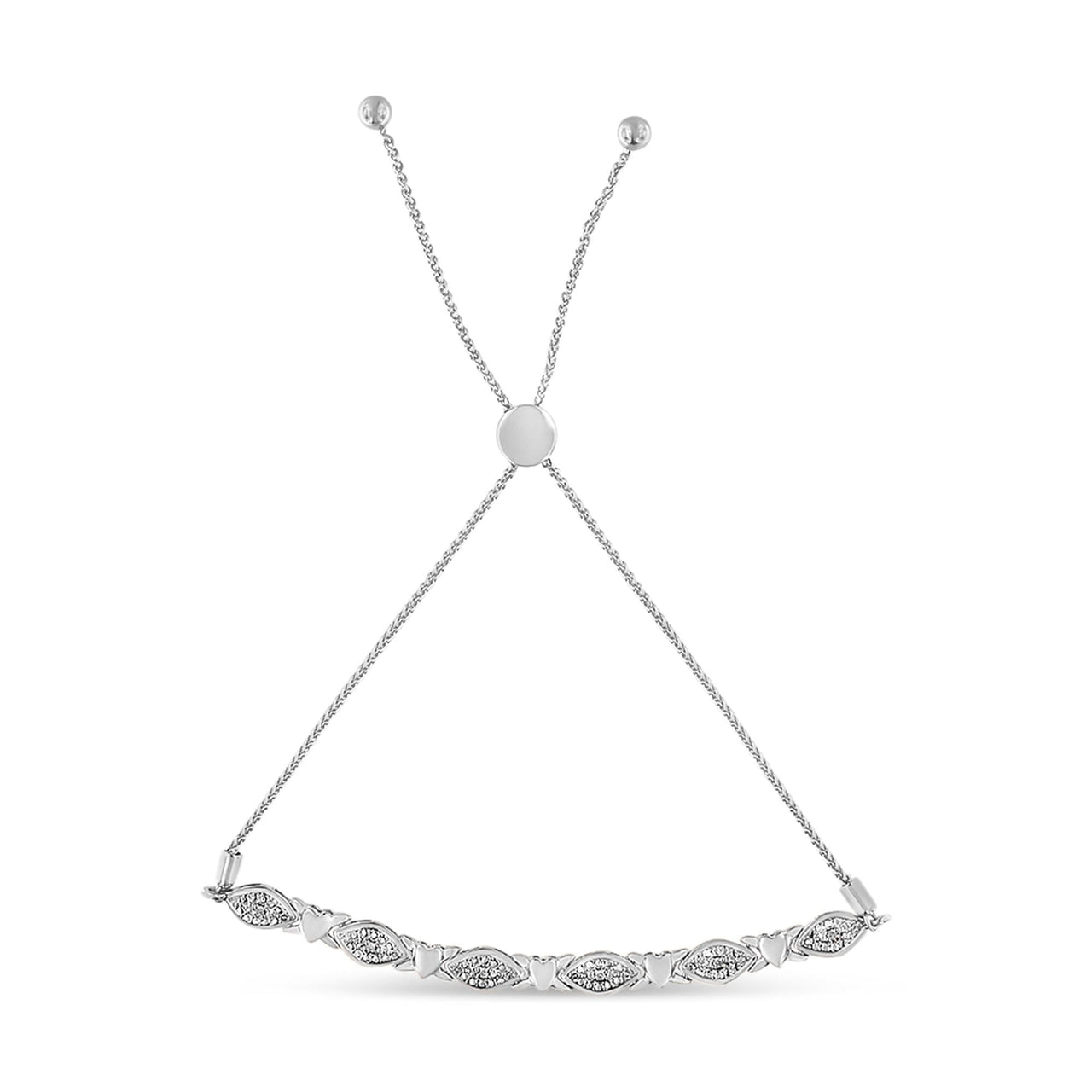 .925 Sterling Silver Diamond Accent Alternating Marquise Shape and Heart Links Bolo Bracelet (I-J Color, I3 Clarity) - Adjustable 6" to 9"