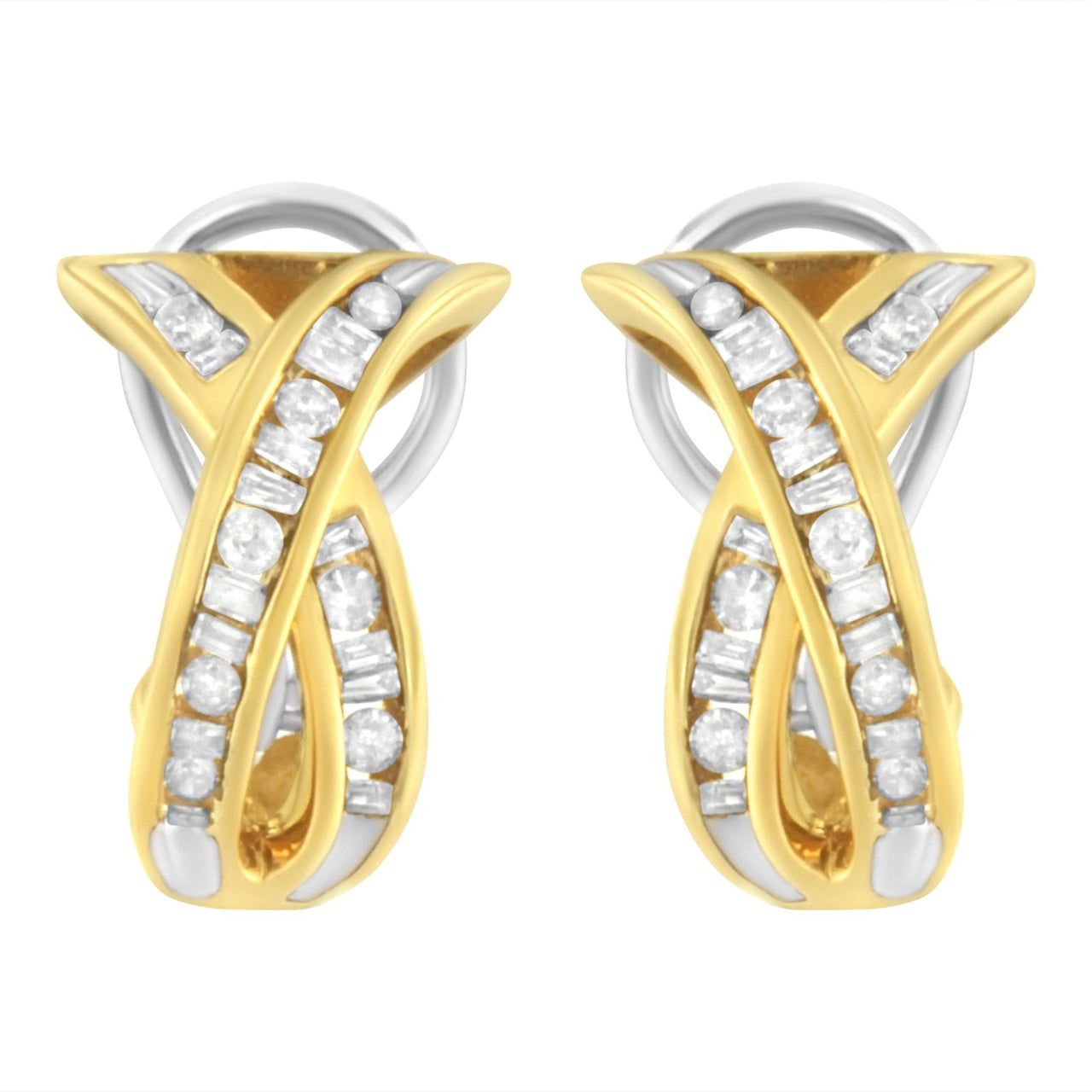 14K Yellow and White Gold 1/2 TDW "X" Shape Cross Over Diamond Hoop Earrings (I-J, I2-I3)