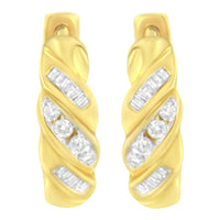 14K Yellow Gold 1/4 ct TDW Alternating 3 Row Baguette & Round Brilliant-Cut Diamond Huggy Hoop Earrings (H-I, I2-I3)