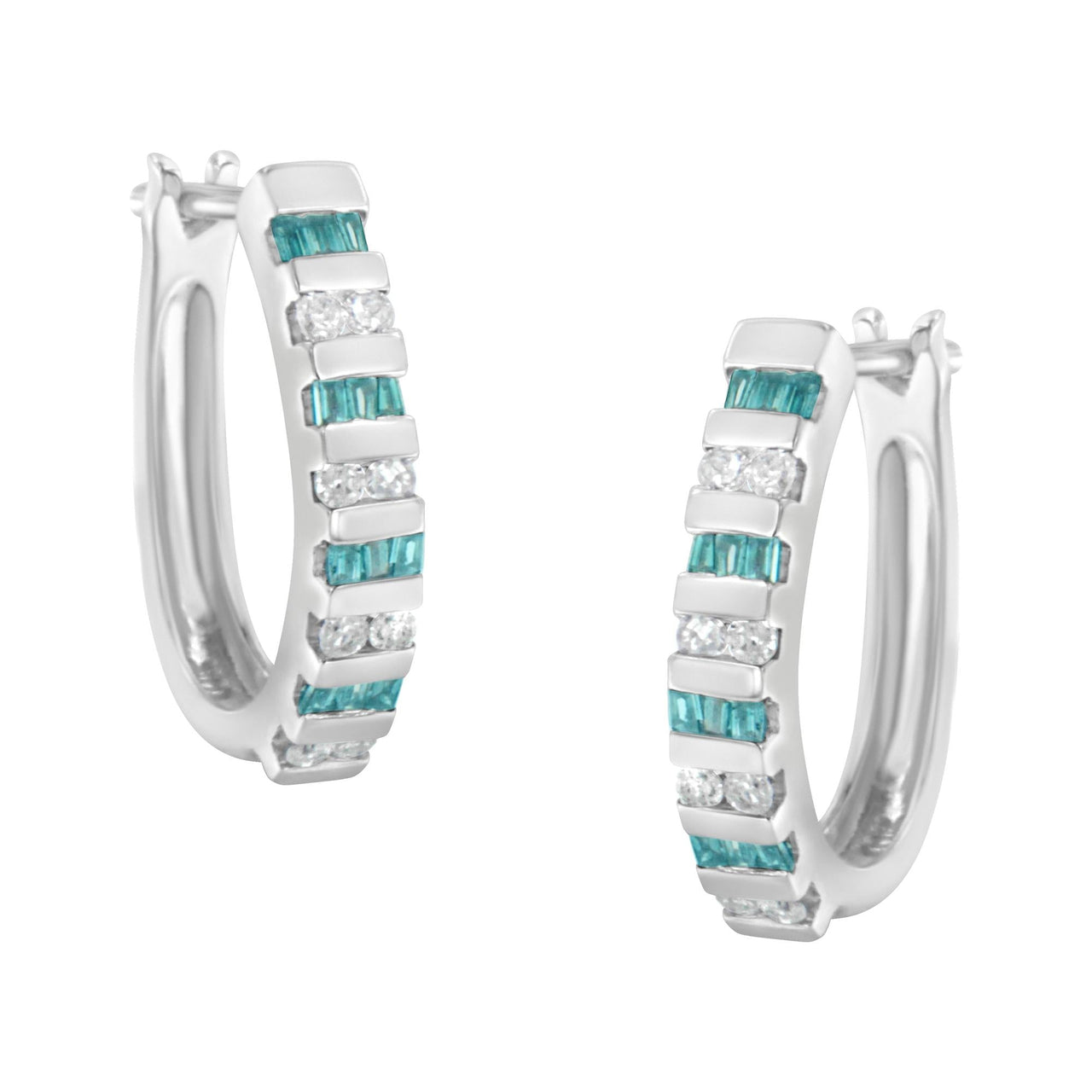 10k White Gold Round and Blue Baguette Diamond Hoop Earrings (0.50 cttw, I-J Color, I2-I3 Clarity)