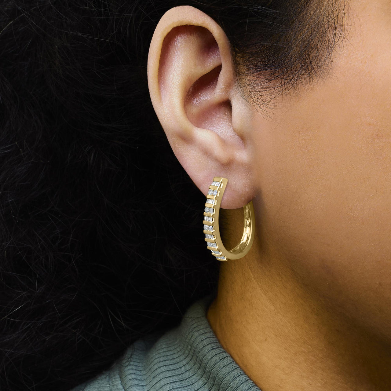 10K Gold Round and Baguette-Cut Diamond Hoop Earrings (I-J Color, I2-I3 Clarity)