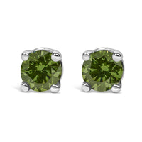 .925 Sterling Silver 1/4 Cttw Round Brilliant-Cut Green Diamond Classic 4-Prong Stud Earrings (Fancy Color-Enhanced, I2-I3 Clarity)