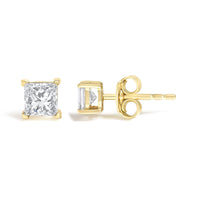 IGI Certified 14k Yellow Gold 4-Prong Set Princess-Cut Solitaire Diamond Push Back Stud Earrings (L-M Color, I1-I2 Clarity)