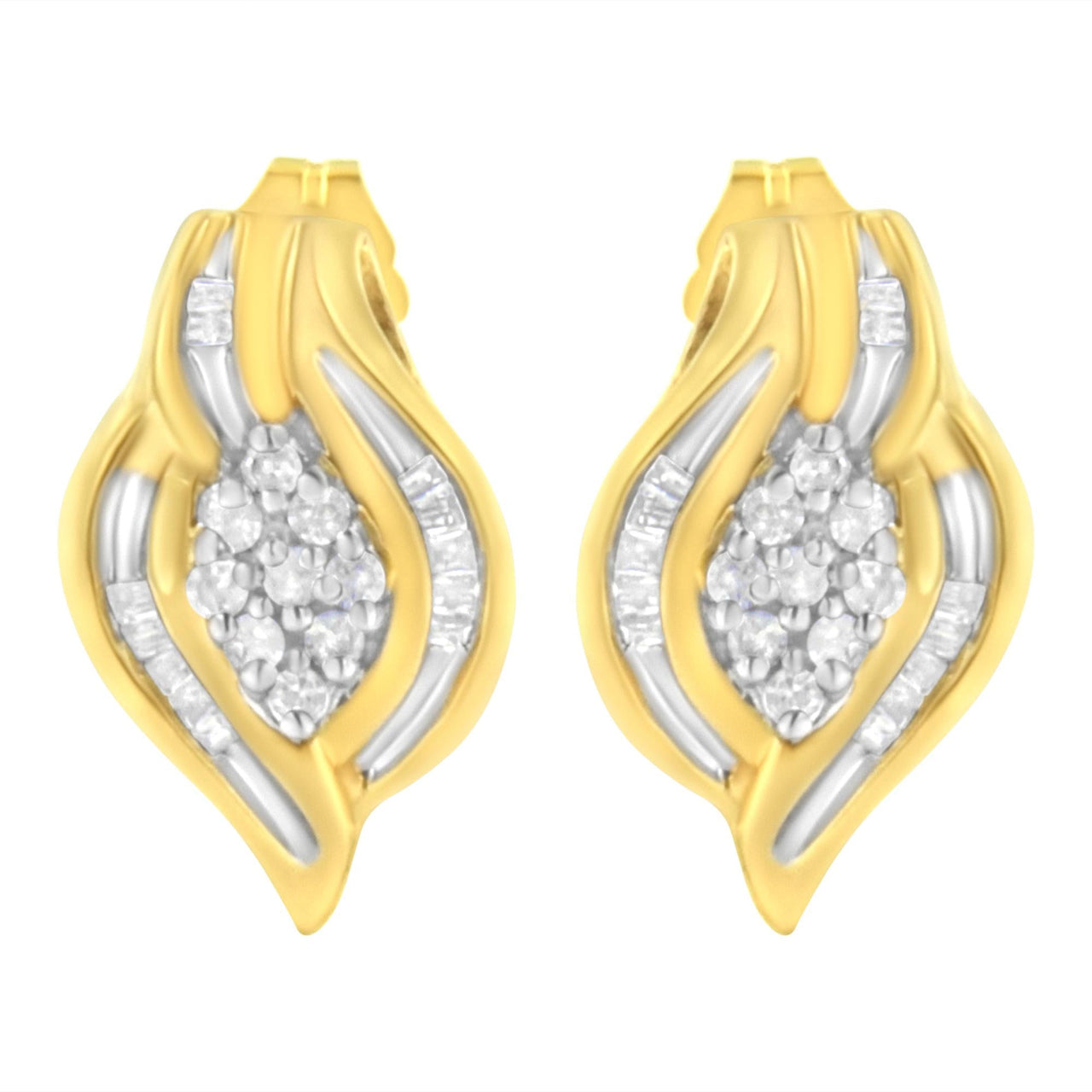 10K Yellow Gold 1/3 cttw Round-Cut Diamond Cluster and Swirl Stud Earrings (J-K Clarity, I2-I3 Color)