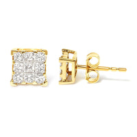 14K Yellow Gold 1/2 Cttw Invisible Set Princess-Cut Diamond 9 Stone Square Stud Earrings (J-K Color, SI2-I1 Clarity)