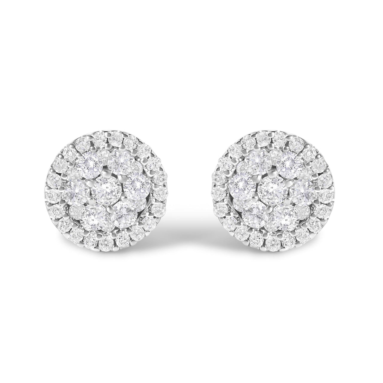 AGS Certified 14K White Gold 1.0 Cttw Brilliant-Cut Diamond Halo-Style Cluster Round Button Stud Earrings (G-H Color, I1-I2 Clarity)