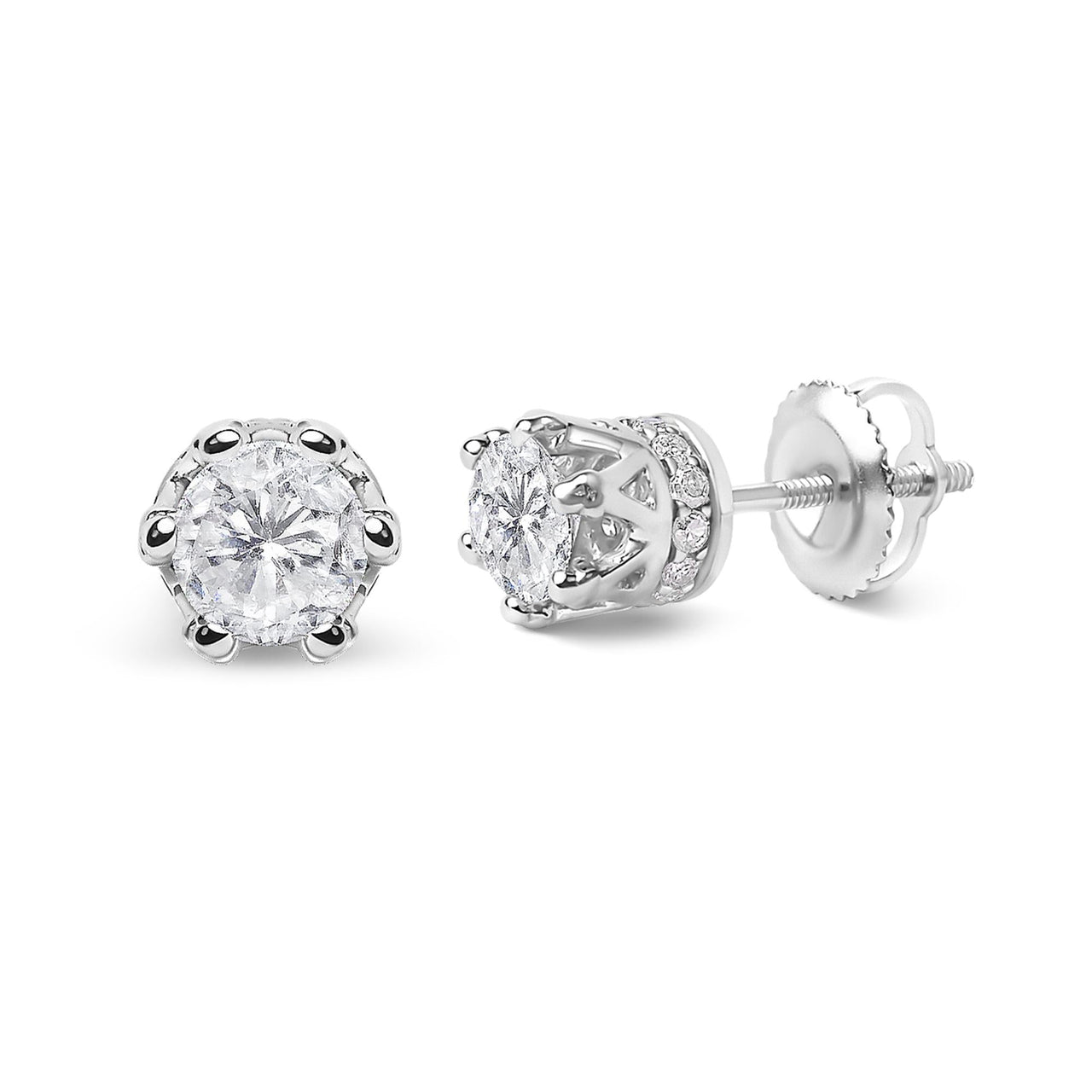 14K White Gold 2.0 Cttw Round Cut Prong-Set Diamond Crown Stud Earring (I-J Color, I1-I2 Clarity)