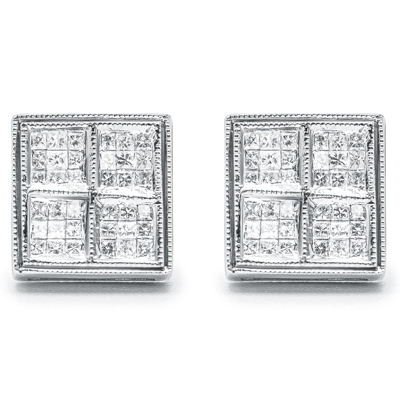 14K White Gold 1/2 Cttw Princess Diamond Composite Box Shape Milgrain Stud Earrings (H-I Color, SI1-SI2 Clarity)