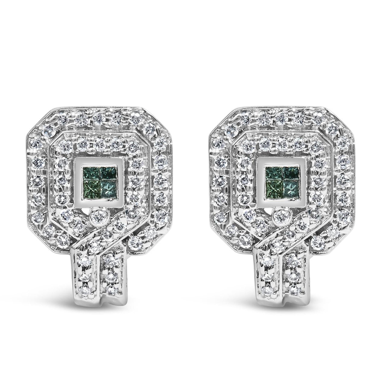 14K White Gold 1ct. TDW Round and Princess-cut Treated Blue Diamond Earrings (H-I,SI1-SI2)