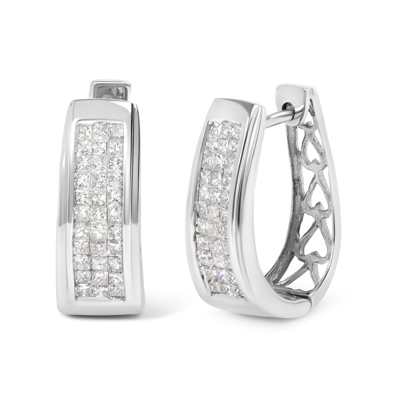 14K White Gold 1.0 Cttw Invisible Set Princess Cut Diamond Huggy Hoop Earrings (H-I Color, VS1-VS2 Clarity)