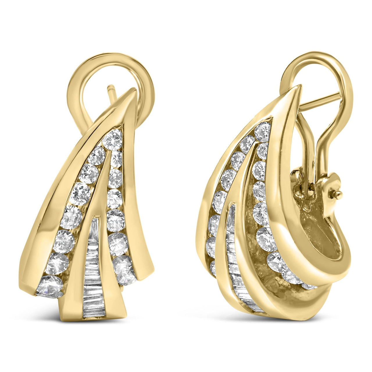 14K Yellow Gold 2-1/4 Cttw Baguette Diamond Modern Omega Huggy Earrings