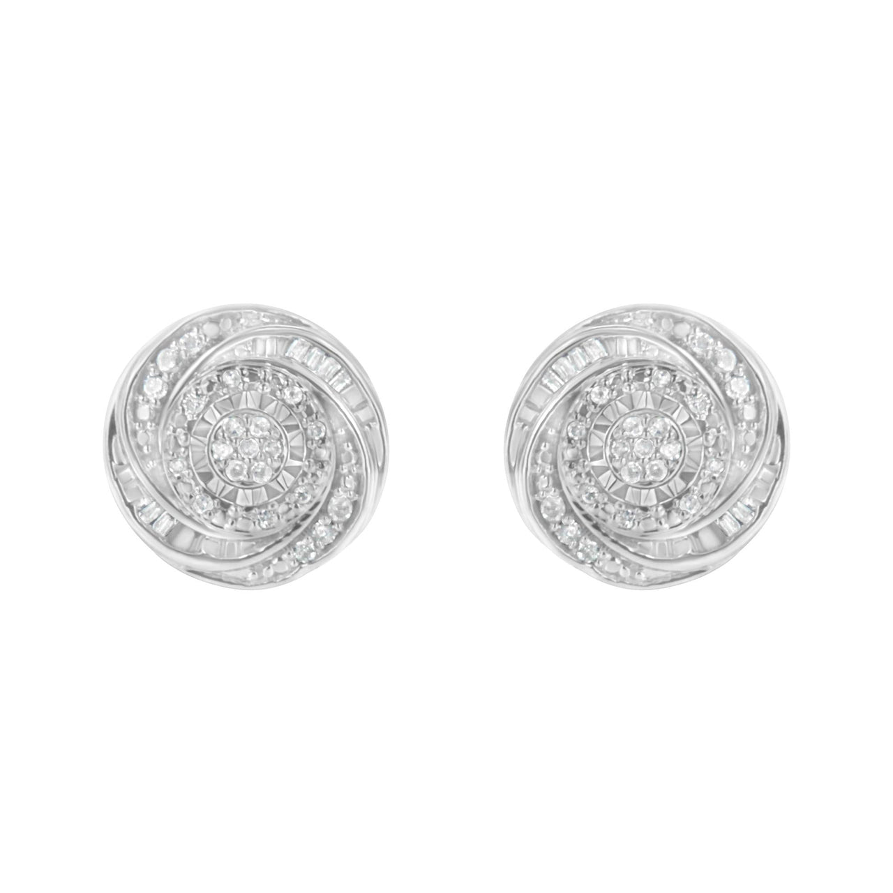 .925 Sterling Silver 1/4 Cttw Baguette and Round Diamond Swirl Love Knot Stud Earrings (I-J Color, I3 Clarity)
