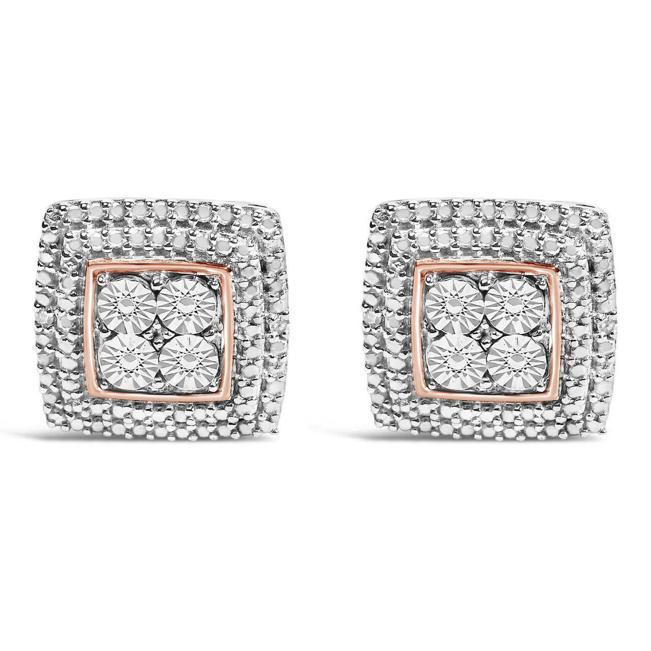 .925 Sterling Silver Diamond Accented Square Shaped Milgrain Stud Earrings (I-J Clarity, I3 Color)