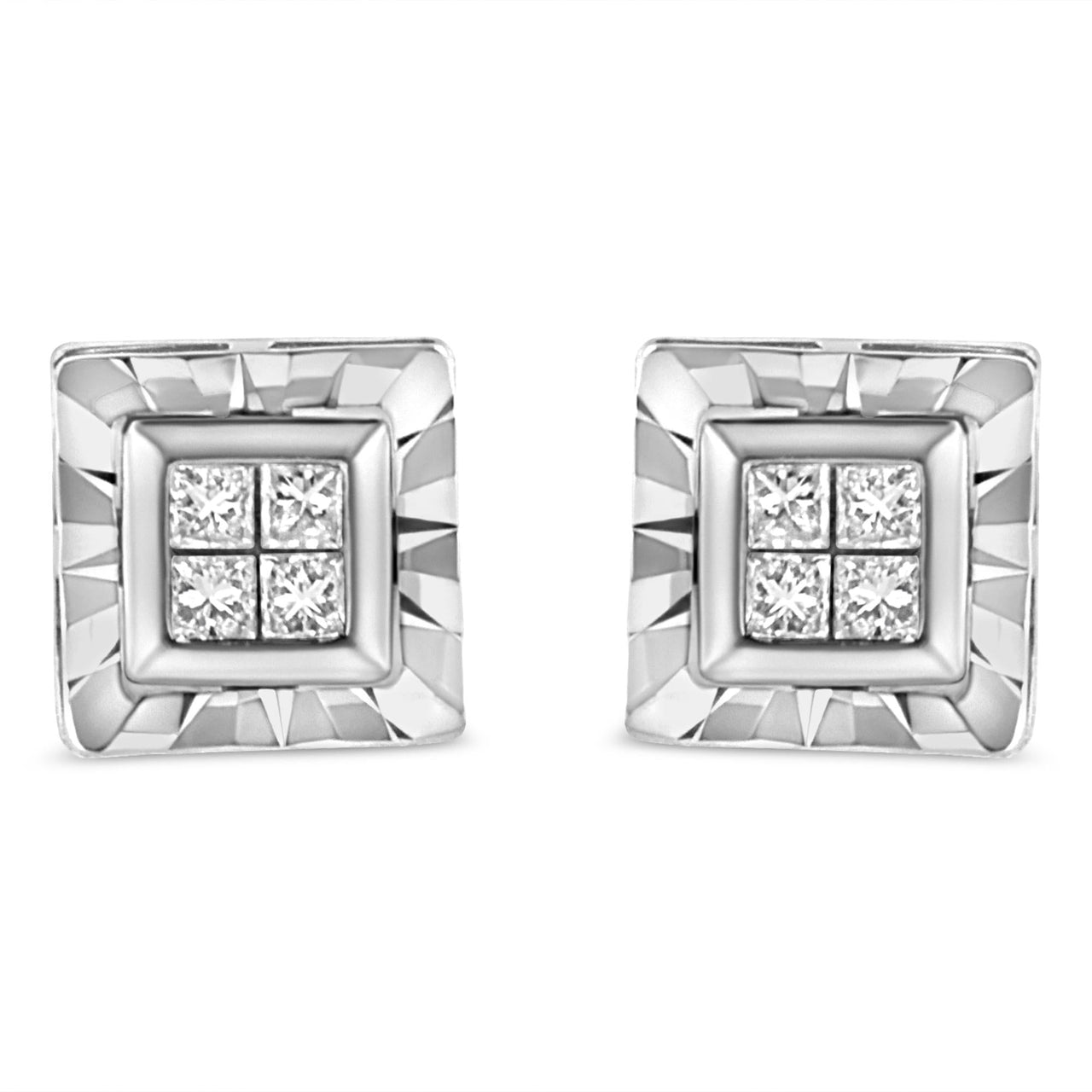 .925 Sterling Silver 1/6 Cttw Invisible Set Princess-Cut Diamond Quad Composite Stud Earrings (H-I Color, I1-I2 Clarity)