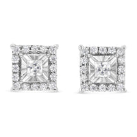 .925 Sterling Silver 1/4 Cttw Princess and Round Cut Diamond Halo Stud Earrings (I-J Color, I2-I3 Clarity)