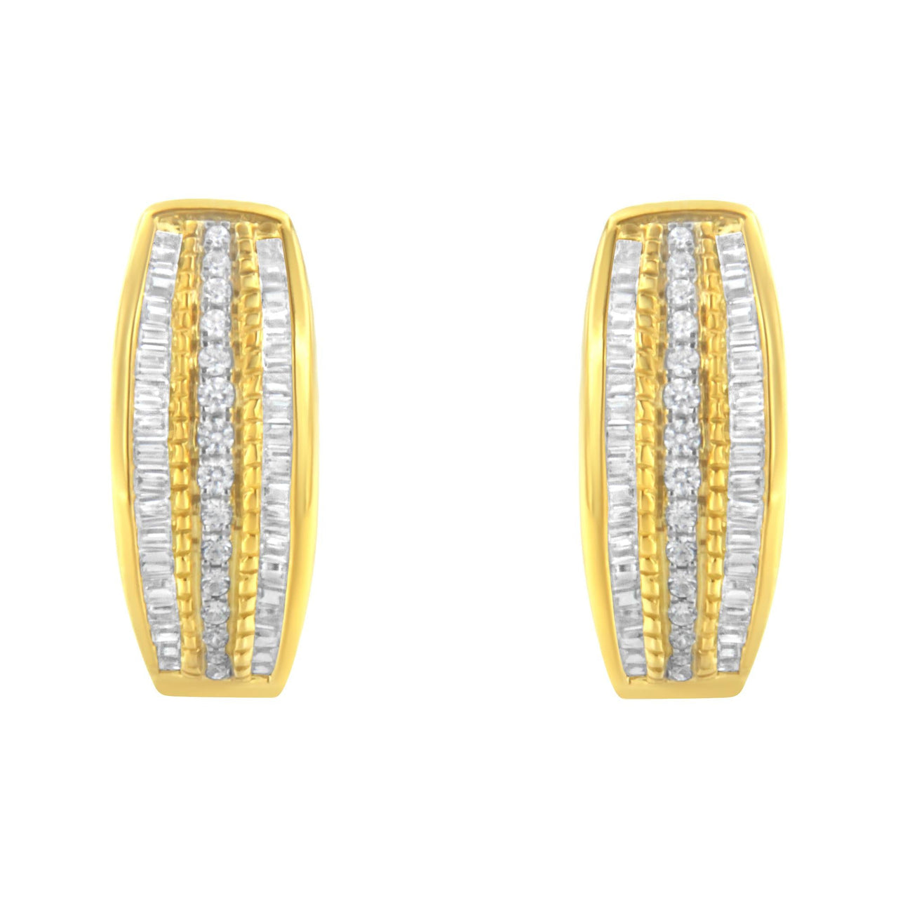 10K Yellow Gold 3/4 Cttw Pave and Channel Set Diamond Triple Row Modern Hoop Earrings (I-J Color, I2-I3 Clarity)