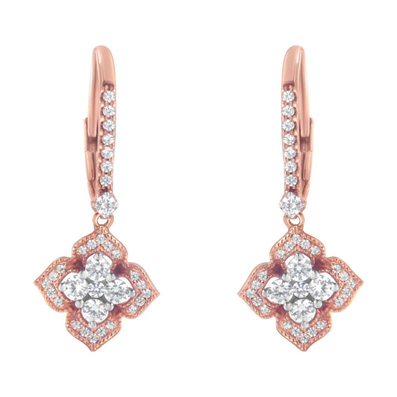 10K Rose Gold 3/4 Cttw Diamond Flower Drop Dangle Earring (I-J Color, I1-I2 Clarity)