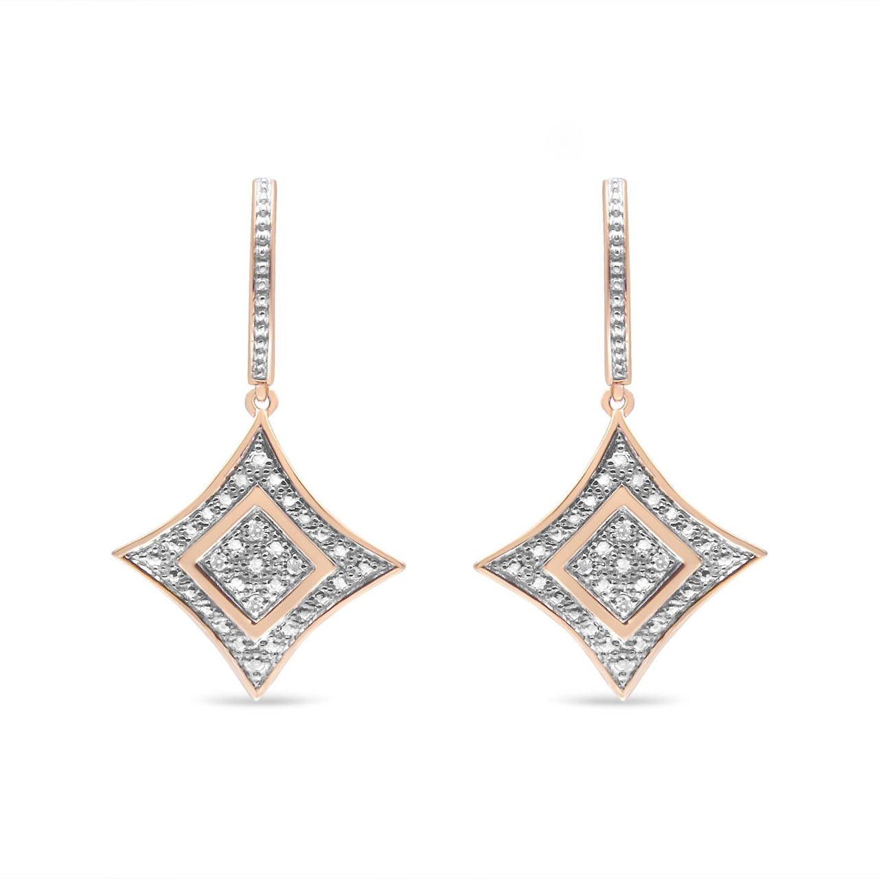 10K Rose Gold Plated Sterling Silver Round Cut Diamond Cushion Dangle Earrings (0.04 cttw, H-I Color, I2-I3 Clarity)