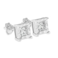 .925 Sterling Silver Miracle Set Princess-cut Diamond Solitaire Stud Earrings (H-I Color, I1-I2 Clarity)