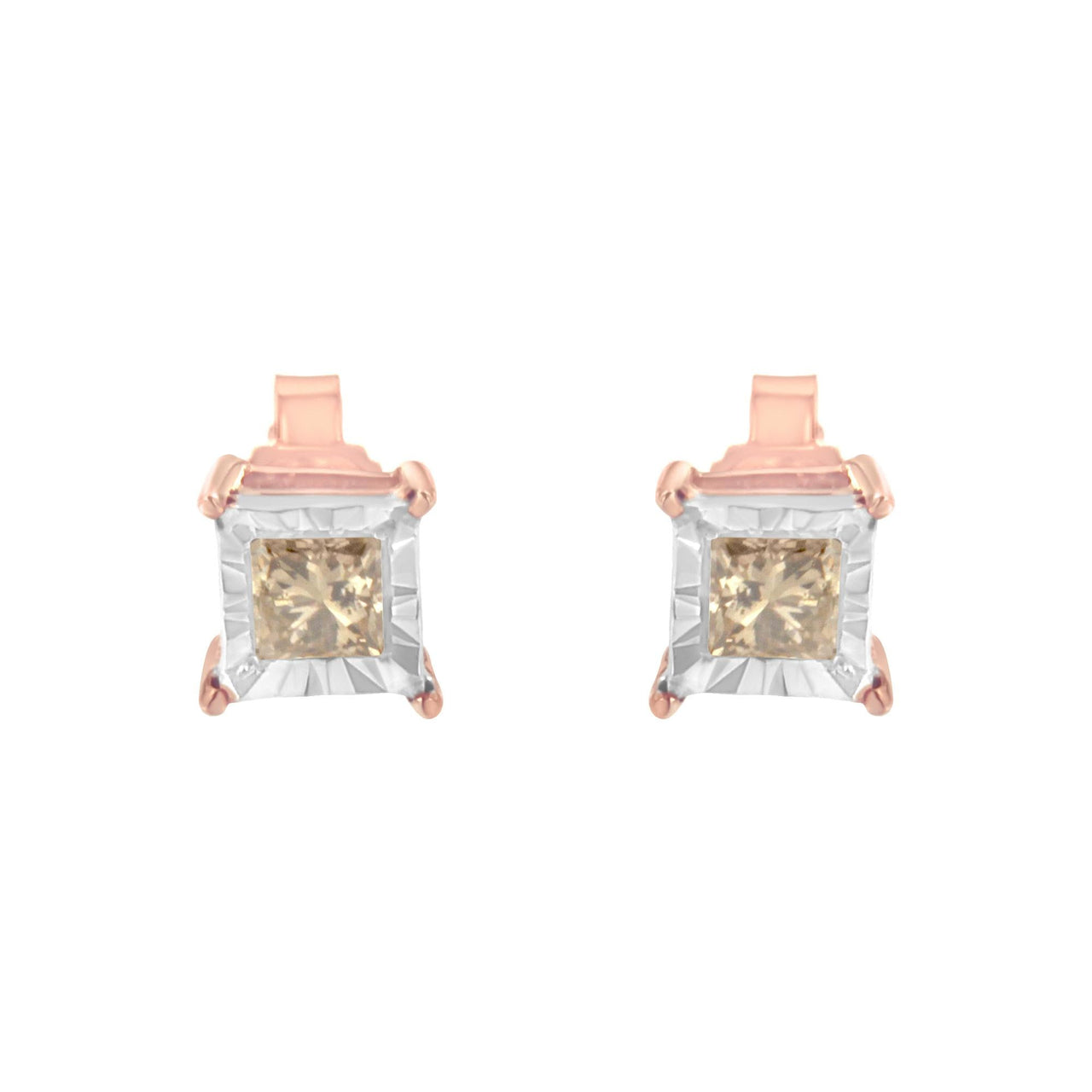 14K Rose Gold Plated Two-Tone .925 Sterling Silver 1/2 Cttw Princess-Cut Square Diamond Solitaire Miracle-Plate Stud Earrings (K-L Color, I2-I3 Clarity)