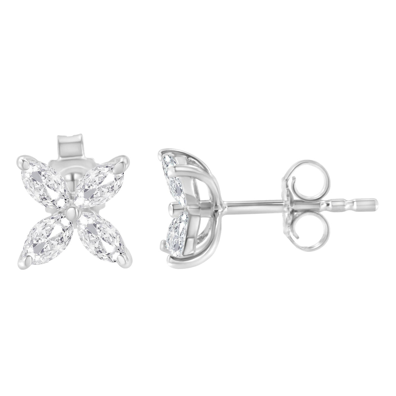 14K Gold Marquise Diamond 8 Stone Floral Leaf Stud Earrings (I-J Color, SI2-I1 Clarity)